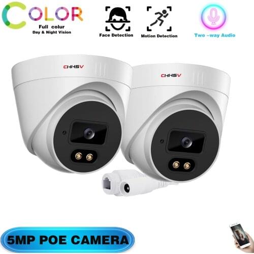 CHHSV H.265 Dome POE Video Camera 5MP Full Color Night Vision IP Two-Way Audio CCTV Surveillance Camera