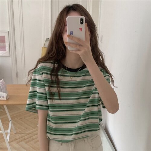 Summer new style Korean loose striped casual retro hit color o neck short-sleeved t-shirt women
