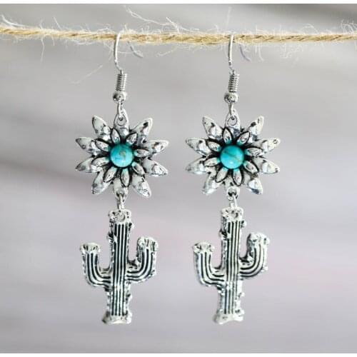 Retro Cute Sun Flower Plant Cactus Drop Earrings for Women Girl Ethnic Silver Color Gold Stone Vintage Earrings Jewelry