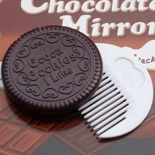 Mini Pocket Chocolate Cookie Biscuits Compact Mirror With Comb ~Cute~deep coffee color