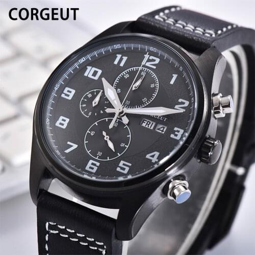CORGEUT Business Quartz Wristwatch Dual Calendar Brand Men Wristwatches Fashion Luxury Leather Waterproof Clock Relogio Reloj