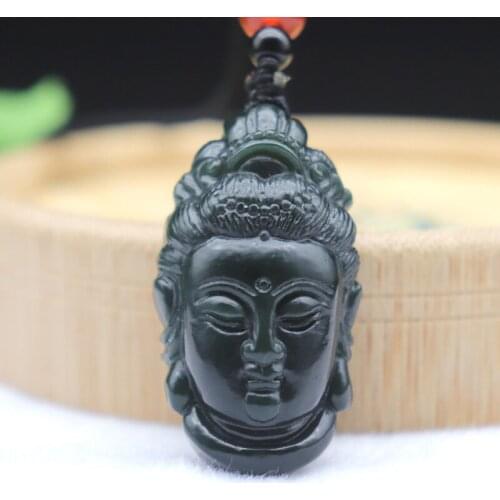 Natural Dark Green Hetian Nephrite Jade Qingyu Carved Guanyin Head Amulet Lucky Pendant Necklace For Men Women Free Rope Chain