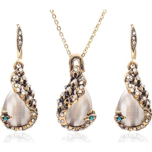 2019 New Noble Blue Crystal Opal Long Necklace + Earrings 1set Jewelry Set for Women High Quality Gift Party Wedding Decoration