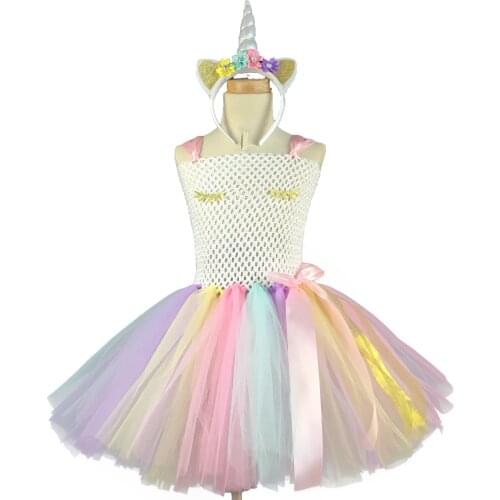 Girls Pastel Unicorn Tutu Dress Kids Crochet Strap Dress with Pink Ribbon Bow and Hairbow Children Party Cosplay Costume Dresses