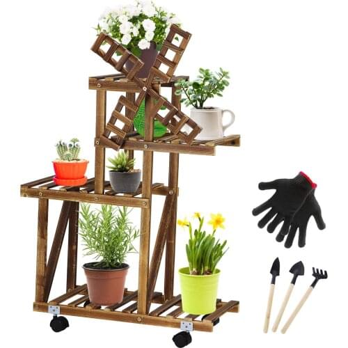 Tall Plant Stand with Wheels, Wood Flower Shelves Indoor Outdoor Planter Rack for Patio Garden Corner Balcony Living Room