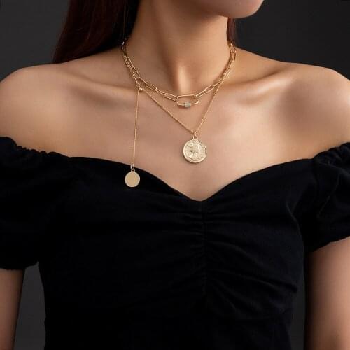 Popular Design Metal Portrait Coin Pendant Necklace Gold Plated Multi-Layered Chain Necklaces for Womens Party Birthday Gift