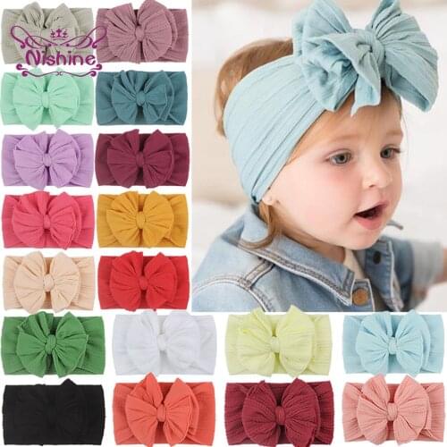 Nishine Handmade Bows Knot Baby Girls Headband Elastic Wide Newborn Toddler Infant Turban Nylon Headwraps Photography Props