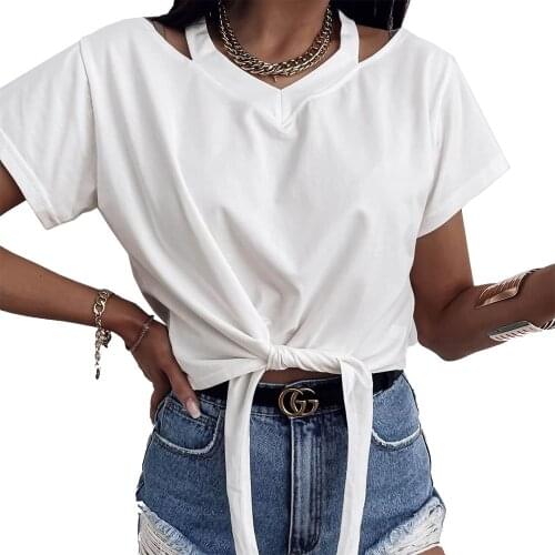 Women Cotton O Neck Solid Short Sleeve Lace Up Knot T-shirt Pullover for Summer Womens Clothing Streatwear Loose Tees