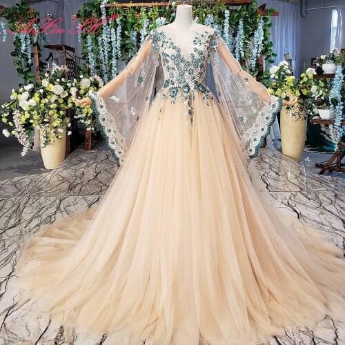 AnXin SH Luxury princess green flower golden lace beading crystal o neck long flare sleeve wedding dress 100% real photos
