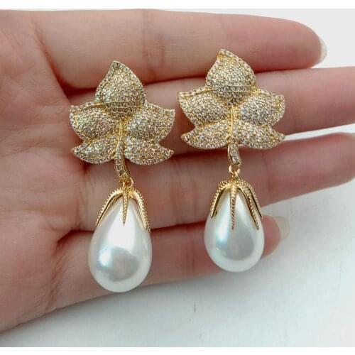YYGEM 1.7'' White Sea Shell Pearl Gold Plated Cz Micro Pave Leaf Stud Drop Earrings for women