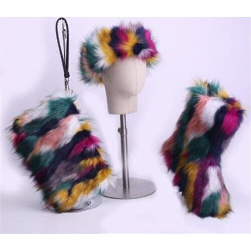 Womens Winter Faux Fox Fur High Snow Boots Sets Fox Fur Slippers Woman Plush Shoes Ladies Furry Bags Female Rain Fur Headbands