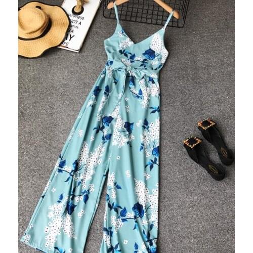 Womens spring summer Condole belt Playsuits Ladys fashion high waist Wide leg pants print Jumpsuits TB1316