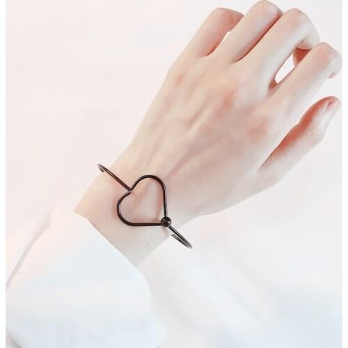 Metallic Big Heart Closed Buckle Rose Golden Silver Plated Black Thin Band Bangles for Women