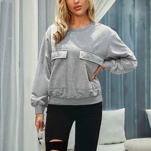 Womens o-neck solid fake pocket sweatshirts gray long sleeve pullover women causal sweatshirt autumn female loose tops 2021