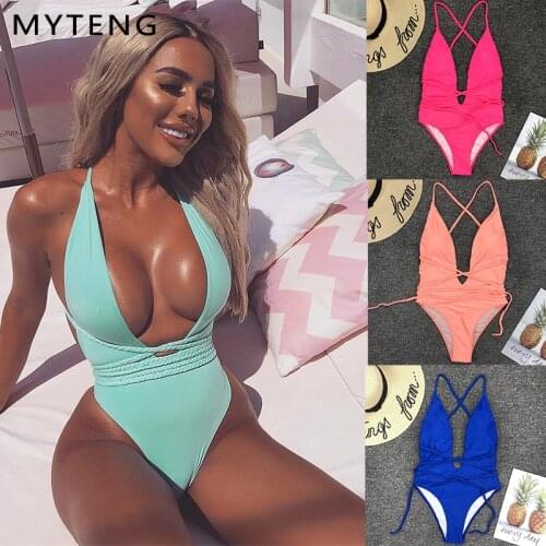 MYTENG sexy One Piece Women Swimsuit bikini 2020 Deep V swimwear Solid Halter Bandage Bathing Suit Push-Up Beachwear monokini