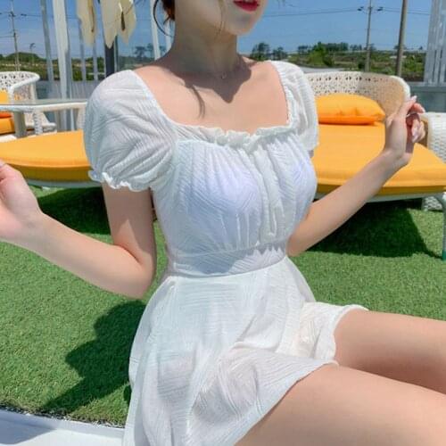 2021 New Korean One Piece Swimsuit Women Solid Swimwear Pleated Monokini Push Up Swim Suit White Trikini Bathing Suit Skirt