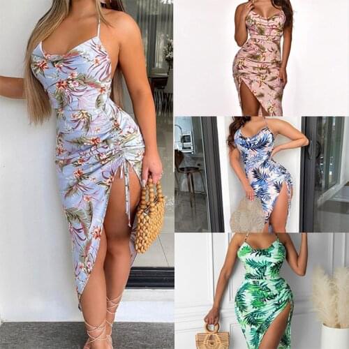 2021 Summer New Sexy Temperament Halter Neck Drawstring Slim Fit Fold Split Dress Women Tropical Print Thin Straps Tight