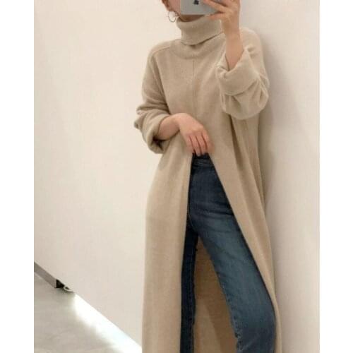 Women Sweater Dress Turtleneck Split Knit Long Skirt Korean Loose Casual Wild Female Pullover Autumn And Winter Vestido De Mujer