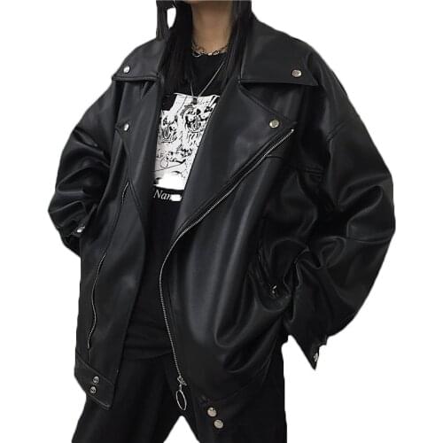 2021 Ring Zipper Button Soft Faux Leather Jackets Loose Punk Streetwear Plus Size Spring Autumn Coats Women Korean Tops b206