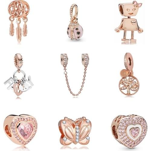 2021 New Alloy Bead Love Flower Heart Wing Charm Rose Gold Fit Original Pandora Bracelet Bangle Necklace DIY Women Jewelry