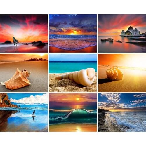 5D Full Square Drill Sunset Beach Shell Diamond Painting Cross Stitch Seaside Scenery Full Drill Diamond Embroidery Mosaic Art