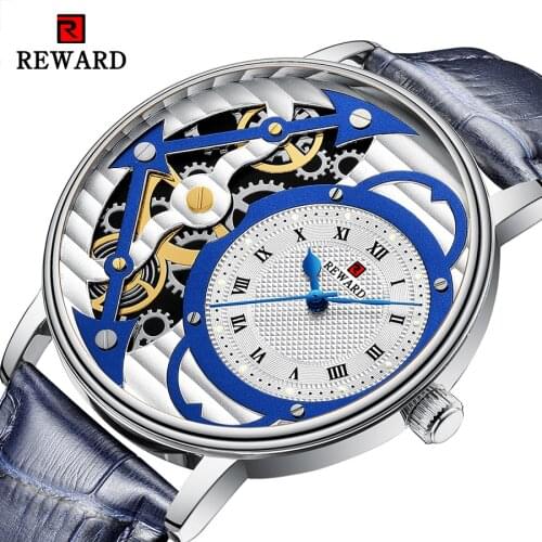 REWARD Men Quartz Watches Waterproof Fashion Transparent Movement Dark Blue Leather Strap Top Brand Wrist Watches Male