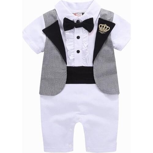 Baby Boys Bow Tie Crown Baptism Romper Toddler Summer One Piece Lace Christening Jumpsuit Little Boy White Gentleman Clothes 12M