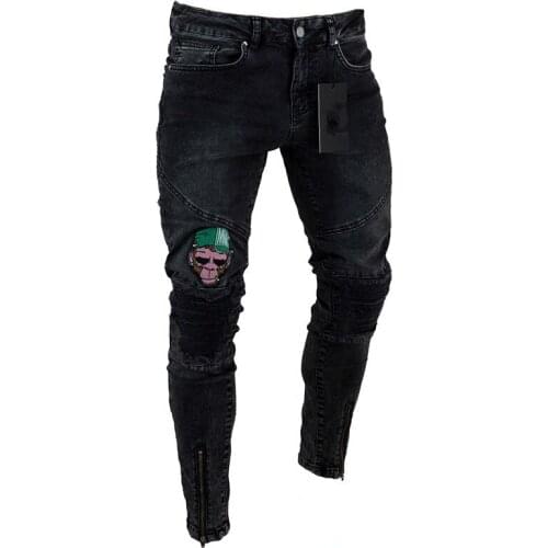 Men Pencil Jeans Stretchy Embroidery Ripped Skinny Biker Destroyed Hole Taped Slim Fit Denim Scratched Harem Jean Plus Size