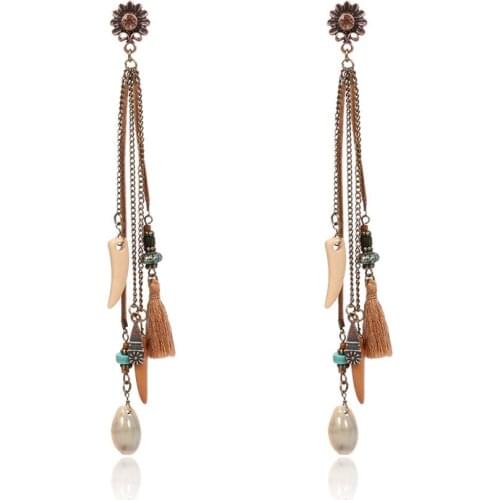 HC Fashion Bohemian Style Tassel Earrings Long Statement Ethnic Drop Earrings Women Vintage Pearl Beads Green Stone Earrings F