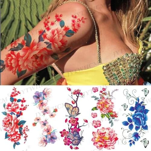 Colorful Flower Temporary Tattoos Stickers For Women Henna Tattoo Sticker Fake Waterproof 3D Blossom Lady Shoulder DIY Tatoos