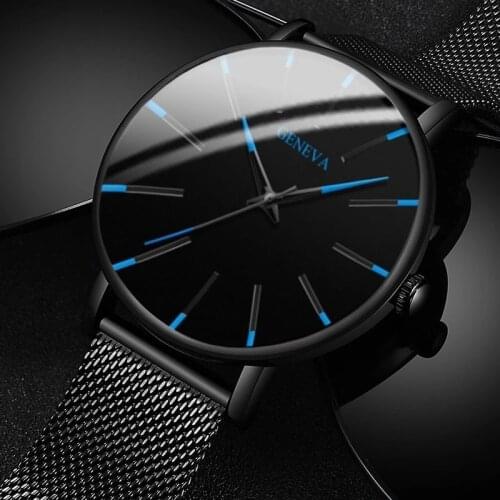 Minimalist stainless steel mens watch, ultra thin quartz watch with stainless steel mesh strap, for business men
