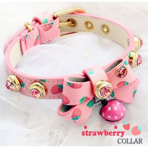 Dog Collar Dog Leash Cat Pet Accessories Handmade Senior Real Calfskin Rhinestone Buckle Pink Strawberry Accept Customize Size
