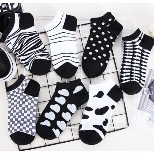 7 Pairs Women Cotton Black White Cow Zebra Lovely Street Ankle Socks Cute Funny Print Boat Short Sox Invisible Lady Girl Summer