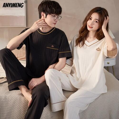 New Sleepwear Couple Men and Women Matching Home Suits Cotton Pjs Chic Chinese Word Prints Leisure Nightwear Pajamas for Summer