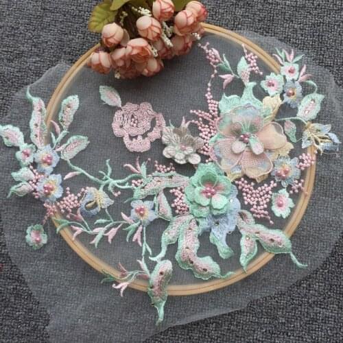 Fresh design pink green beaded three-dimensional flower lace embroidery piece DIY wedding headwear accessories