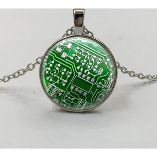 1Pcs Circuit Board Computer Chip Glass Cabochon Tibet silver pendant chain necklace