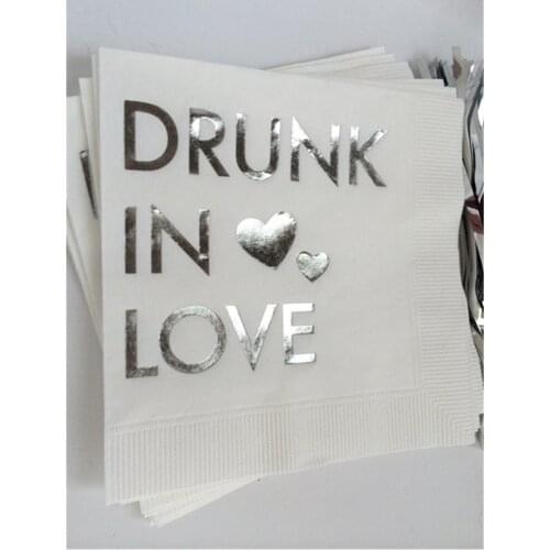 Custom White with Metallic SILVER Foil Cocktail Beverage Personalised Napkins Napkin Drunk in Love Hearts Heart Wedding Party