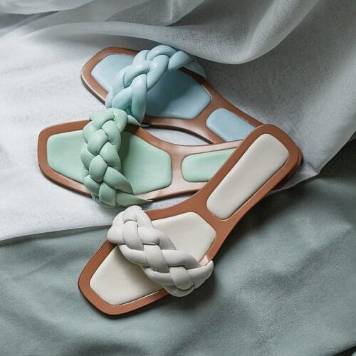 Women Woven Slippers Women Slip On Slides Fashion Genuine Leather Square Toe Flat Sandal High quality Casual female slippers