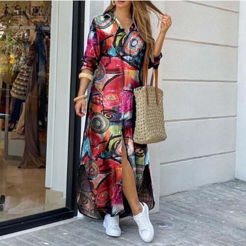 Vintage Printed Shirts Dress Womens Spring Sundress ZANZEA 2021 Long Sleeve Maxi Vestidos Female Button Split Robe Plus Size