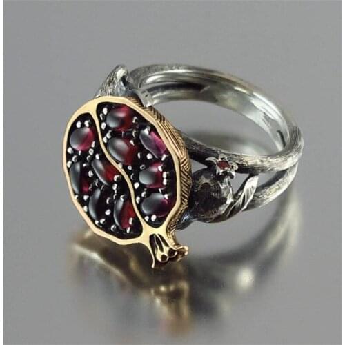 LISM Vintage Gold Silver Ring Natural Red Garnet Ring Crystal Pomegranate Rings for Women Wedding Band Party Jewelry Dropship