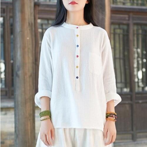 Big Size Women Blouse 2021 Three Quarter sleeve T-shirt Spring Autumn O neck Cotton Linen Fashion Women Tops YoYiKamomo