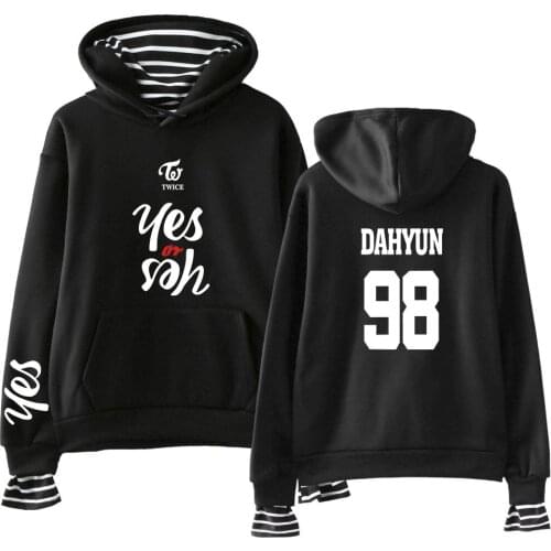 Trendy Print TWICE YES OR YES Fake Two Piece Hoodies Sweatshirts Women Twice Abum Kpop Pullovers 2021 Autumn Winter Jacket Tops