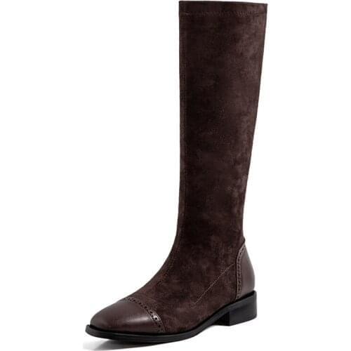 Square-Toe Oversized Flock Stitching Microfiber Womens Boots Square-Heel Color-Blocking Stitching Brown Knee-Length Boots