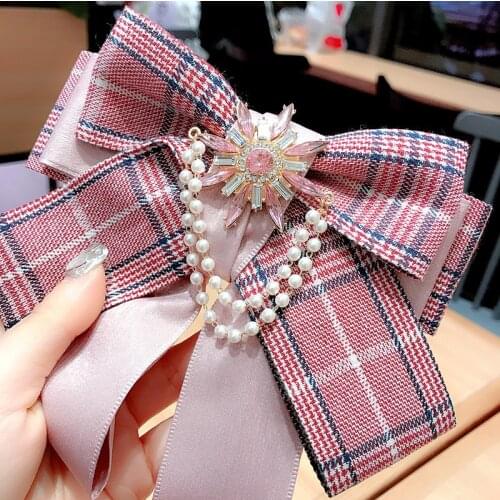 Korean Fashion Pink Plaid Bow Tie for Women Accessories Gift Multi-layer Bowknot Ladies Fabric Pearl Rhinestone Pins Brooches