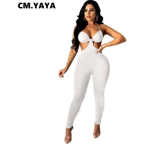 CM.YAYA Women Jumpsuit Solid Sleeveless Strap Halter Backless Long Pencil Jumpsuits Sexy One Piece Overalls Summer Outfits 2021