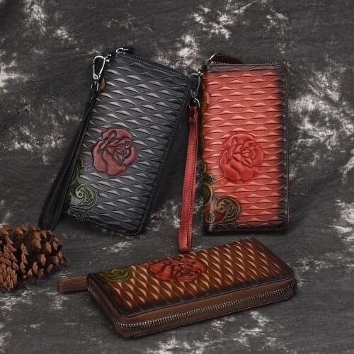 New vegetable tanned leathe women wallet casual purse vintage style high quality gorgeous rose pattern wallets clutch bag