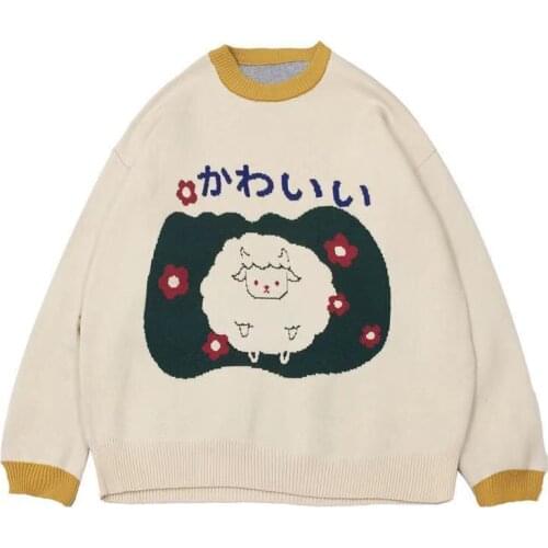 Beige Cartoon Sheep Embroidery Knitted Casual Pullover Sweater Women 2021 Spring Long Sleeve O-neck Korean Style Girly Basic Top