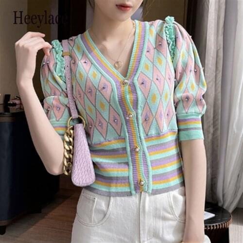 Beading Plaid Knitt Cardigan Tops Women Summer 2021 Short Sleeve Diamond Single Breasted Ruffles Sweater Korean Elegant Jumpers