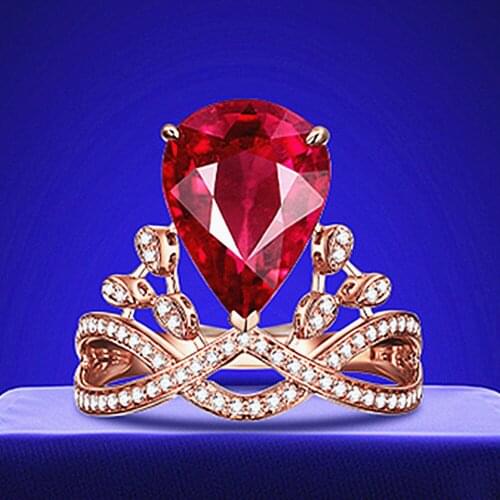 Fashion red crystal ruby gemstones diamonds crown rings for women rose gold color jewelry bague bijoux lover ring party gifts