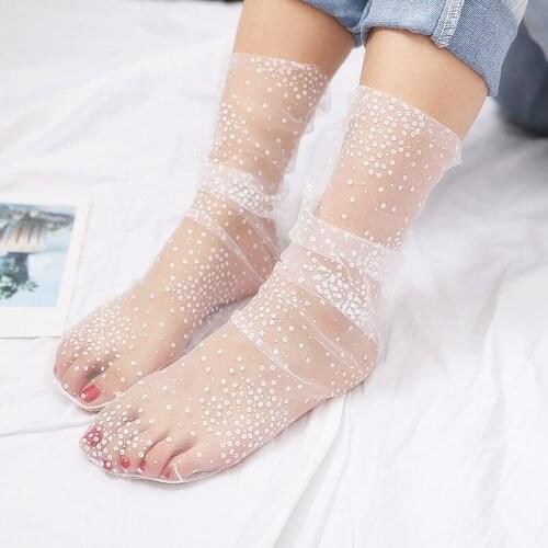 1pair Sexy Dot Lace Socks Women Transparent Mesh Ankle Socks Ladies Glitter Fishnet Ultra-Thin Tulle Socks Female Meias
